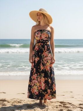 Strapless Black Floral Maxi Dress with Pink & Orange Blooms